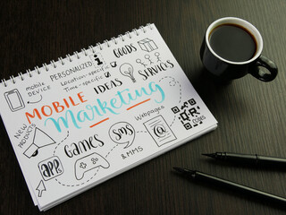 MOBILE MARKETING sketch notes in notebook with cup of espresso and pens on black wooden desk