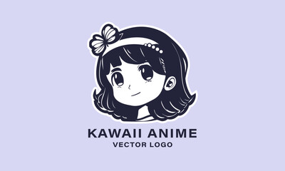 Vector anime logo. Monochrome portrait of a beautiful young cute kawaii girl with a bow. Sticker, icon or emblem.