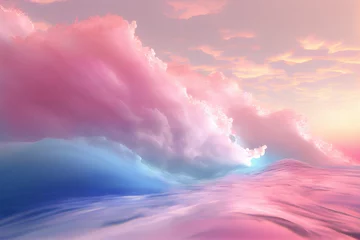 Foto op Canvas Wave of water and clouds in pastel colors and a pink and blue hues, with a light pink and blue hued background of a white and pink. Created with Generative AI technology © Royalty-Free