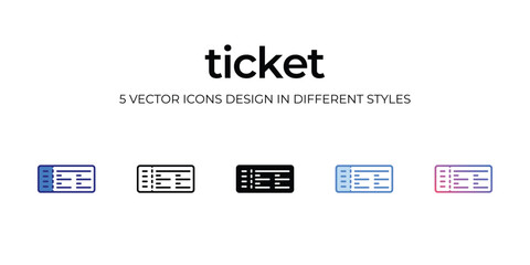 ticket Icon Design in Five style with Editable Stroke. Line, Solid, Flat Line, Duo Tone Color, and Color Gradient Line. Suitable for Web Page, Mobile App, UI, UX and GUI design.