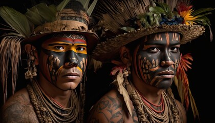 South American tribes people with many tattoos on their bodies from the South American jungle. Generative AI - obrazy, fototapety, plakaty