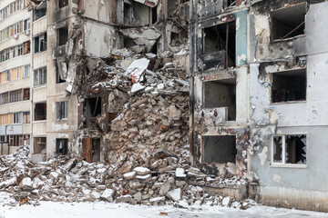 War in Ukraine. Destroyed apartment building in Kharkiv