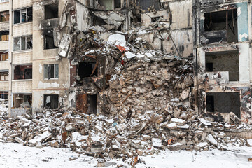 War in Ukraine. Destroyed apartment building in Kharkiv