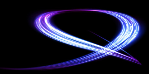 Abstract light lines of movement and speed with purple color sparkles. Light everyday glowing effect. semicircular wave, light trail curve swirl, car headlights, incandescent optical fiber.