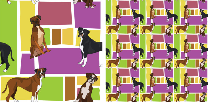 Boxer dog summer bright wallpaper. Holiday abstract shapes square seamless background, repeatable pattern. Birthday wallpaper, Christmas present, print tiles. Simple puzzle with dogs, for pet lover.