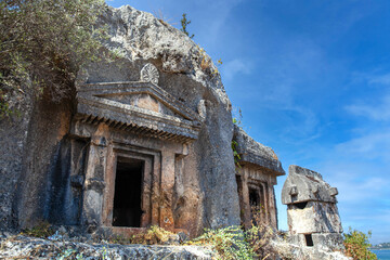 Rock king tombs, symbols of Fethiye city, Amyntas Rock Tombs, Mugla, Turkey.