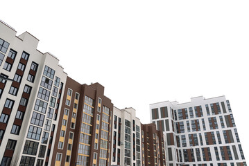 Fototapeta premium Modern new multi-storey buildings on a white isolated background in perspective.