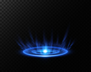 Magic fantasy portal. Futuristic teleport. Light effect. Blue rays of a night scene with sparks on a transparent background. Vector