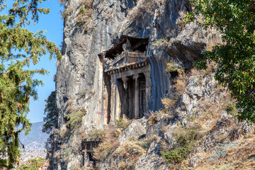 Rock king tombs, symbols of Fethiye city, Amyntas Rock Tombs, Mugla, Turkey.