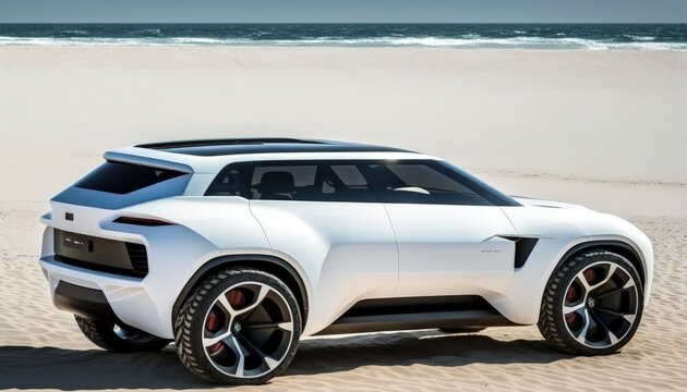 Modernes weißes Elektro-SUV am Sandstrand. Elektro-Auto am Strand. Geländewagen in weiß am Strand. KI generiert 