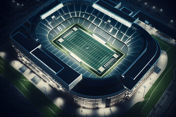 Close-up of American Football on Field with Stadium in Background, Super Bowl Game. Generative AI