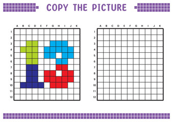 Copy the picture, complete the grid image. Educational worksheets drawing with squares, coloring cell areas. Preschool activities, children's games. Cartoon vector illustration, pixel art. Number 13.