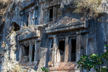 Rock king tombs, symbols of Fethiye city, Amyntas Rock Tombs, Mugla, Turkey.