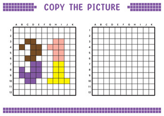 Fototapeta premium Copy the picture, complete the grid image. Educational worksheets drawing with squares, coloring cell areas. Preschool activities, children's games. Cartoon vector illustration, pixel art. Number 31.