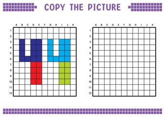 Copy the picture, complete the grid image. Educational worksheets drawing with squares, coloring cell areas. Preschool activities, children's games. Cartoon vector illustration, pixel art. Number 44.