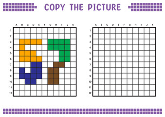 Copy the picture, complete the grid image. Educational worksheets drawing with squares, coloring cell areas. Preschool activities, children's games. Cartoon vector illustration, pixel art. Number 57.