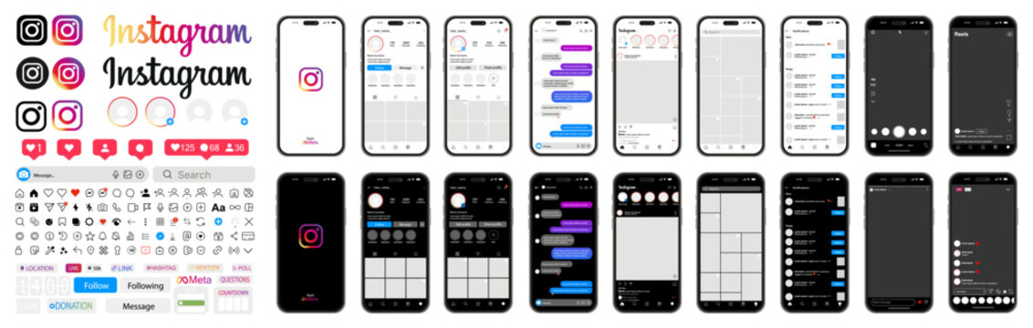 Instagram screen mockup set dark and light version. Instagram social media template and interface template. Template app screens on Apple Iphone vector set. Iphone 14pro