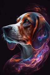 Pies połączony z mgławicą galaktyczną. Pies na czarnym tle w magicznym, abstrakcyjnym wydaniu. Generative AI - obrazy, fototapety, plakaty