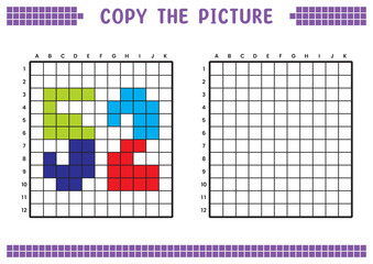 Copy the picture, complete the grid image. Educational worksheets drawing with squares, coloring cell areas. Preschool activities, children's games. Cartoon vector illustration, pixel art. Number 52.
