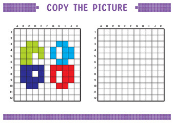 Copy the picture, complete the grid image. Educational worksheets drawing with squares, coloring cell areas. Preschool activities, children's games. Cartoon vector illustration, pixel art. Number 68.