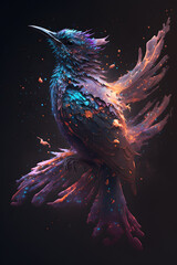Ptak połączony z mgławicą galaktyczną. Ptak na czarnym tle w magicznym, abstrakcyjnym wydaniu. Generative AI - obrazy, fototapety, plakaty