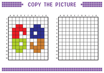 Copy the picture, complete the grid image. Educational worksheets drawing with squares, coloring cell areas. Preschool activities, children's games. Cartoon vector illustration, pixel art. Number 69.