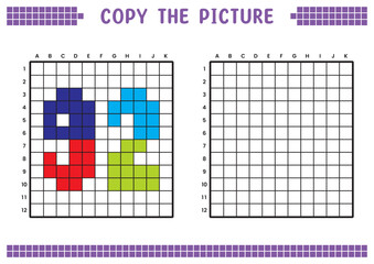 Copy the picture, complete the grid image. Educational worksheets drawing with squares, coloring cell areas. Preschool activities, children's games. Cartoon vector illustration, pixel art. Number 92.