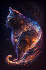 Kot połączony z mgławicą galaktyczną. Kot na czarnym tle w magicznym, abstrakcyjnym wydaniu. Generative AI - obrazy, fototapety, plakaty