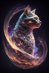 Kot połączony z mgławicą galaktyczną. Kot na czarnym tle w magicznym, abstrakcyjnym wydaniu. Generative AI