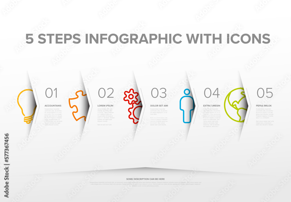 Aufkleber vector five steps progress or options template with big color icons on light gray background