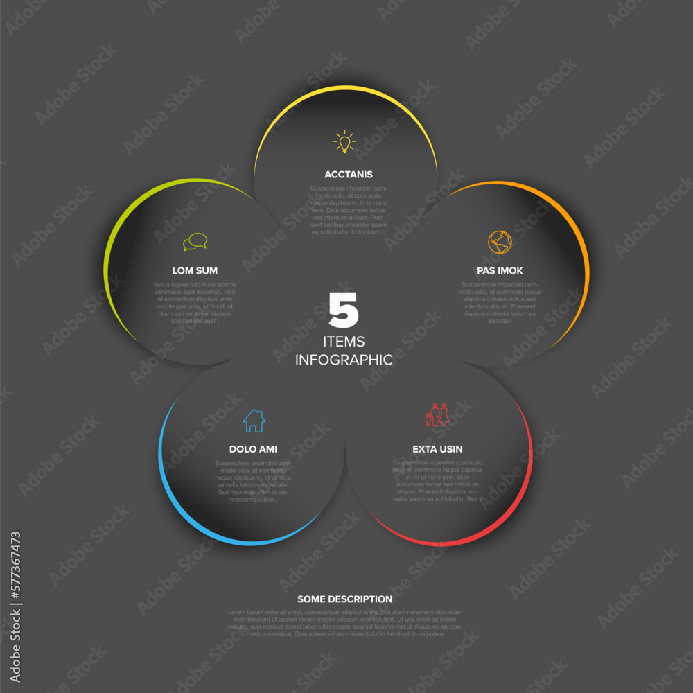 Poster minimalistic dark five steps items elements template with color borders