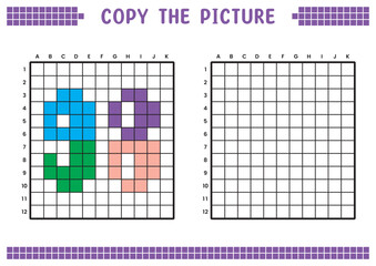 Copy the picture, complete the grid image. Educational worksheets drawing with squares, coloring cell areas. Preschool activities, children's games. Cartoon vector illustration, pixel art. Number 98.