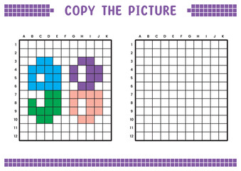 Fototapeta premium Copy the picture, complete the grid image. Educational worksheets drawing with squares, coloring cell areas. Preschool activities, children's games. Cartoon vector illustration, pixel art. Number 98.