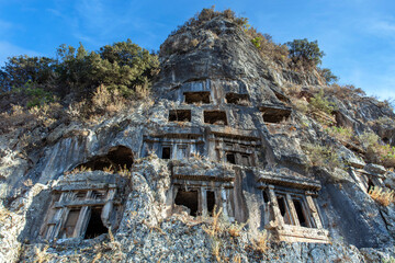 Rock king tombs, symbols of Fethiye city, Amyntas Rock Tombs, Mugla, Turkey.