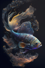 Ryba połączona z mgławicą galaktyczną. Ryba na czarnym tle w magicznym, abstrakcyjnym wydaniu. Generative AI