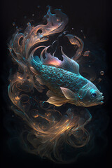 Ryba połączona z mgławicą galaktyczną. Ryba na czarnym tle w magicznym, abstrakcyjnym wydaniu. Generative AI - obrazy, fototapety, plakaty