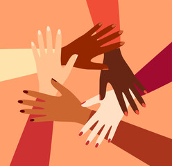 Women of different ethnicities making a circle with their hands. Female friendship and support concept. Vector illustration in flat style