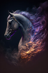 Głowa Konia połączona z mgławicą galaktyczną. Koń na czarnym tle w magicznym, abstrakcyjnym wydaniu. Generative AI - obrazy, fototapety, plakaty