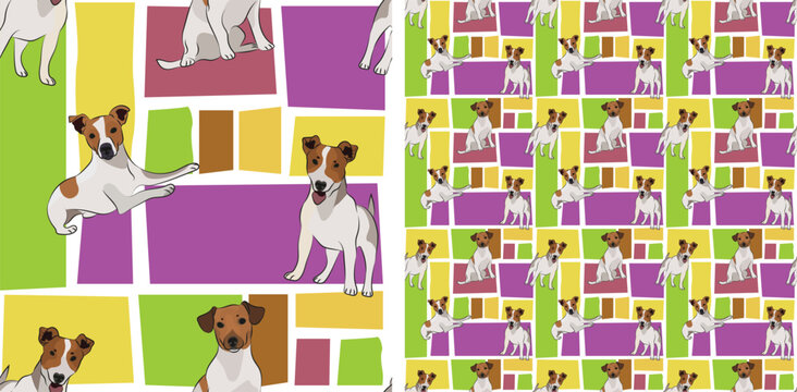 Jack Russell dog summer bright wallpaper. Holiday abstract shapes square seamless background, repeatable pattern. Birthday wallpaper, Christmas present, print tiles. Simple puzzle with dogs, pet lover