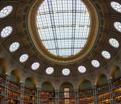 Paris, France - February 10 2023: Oval room of the Richelieu Public National library (BNF) with its glass ceiling