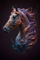 Głowa Konia połączona z mgławicą galaktyczną. Koń na czarnym tle w magicznym, abstrakcyjnym wydaniu.  Generative AI - obrazy, fototapety, plakaty