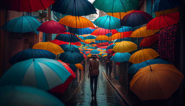 colorful umbrella open in the crowded street on the street