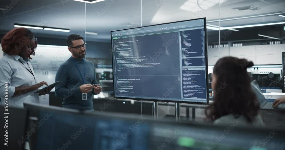 Poster Group of Multiethnic Software Developers Having a Meeting in Order to Review the Code Done by Computer Engineering Department. Specialists Brainstorming New Ideas and Solving Problems in the Office