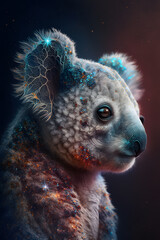 Głowa misia koala połączona z mgławicą galaktyczną. Koala na czarnym tle w magicznym, abstrakcyjnym wydaniu. Generative AI - obrazy, fototapety, plakaty
