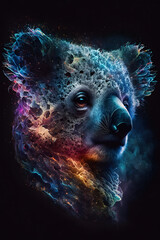 Głowa misia koala połączona z mgławicą galaktyczną. Koala na czarnym tle w magicznym, abstrakcyjnym wydaniu. Generative AI - obrazy, fototapety, plakaty