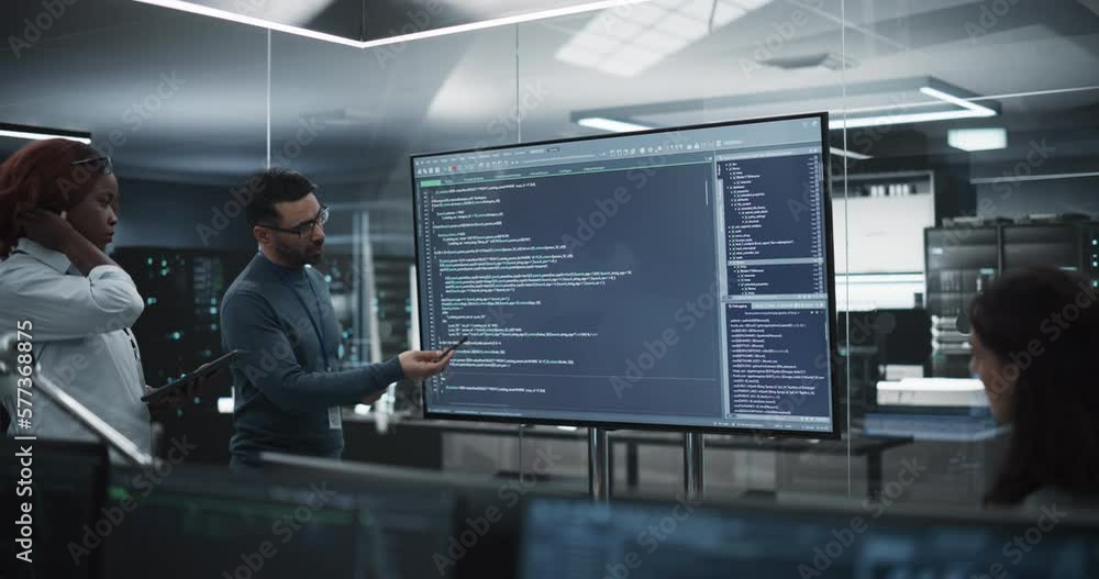 Aufkleber Team of Diverse Software Developers Having a Meeting in Order to Review the Code Done by Computer Engineering Department. Manager Making a Presentation for Project Managers at the Office