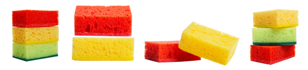 Multi-colored sponges for washing dishes. Hygiene, cleanliness and housekeeping. Set, collage. Isolated on white background. Panorama format.