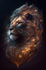 Głowa lwa połączona z mgławicą galaktyczną. Lew na czarnym tle w magicznym, abstrakcyjnym wydaniu. Generative AI - obrazy, fototapety, plakaty