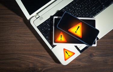 Laptop computer, tablet, smartphone. System hacked warning alert