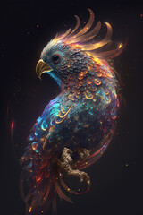 Głowa ary połączona z mgławicą galaktyczną. Papuga na czarnym tle w magicznym, abstrakcyjnym wydaniu. Generative AI